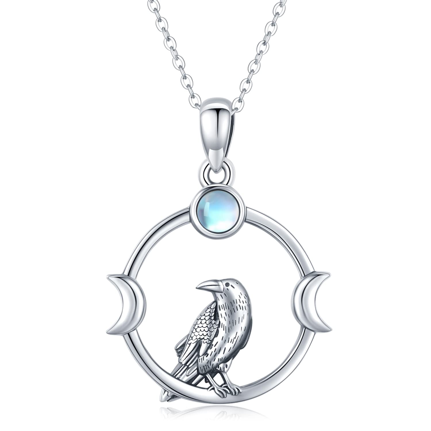 Collier Corbeau Argent 925 - Pierre De Lune & Coquillage - Pendentif Cœur - Cadeau Femme Fille