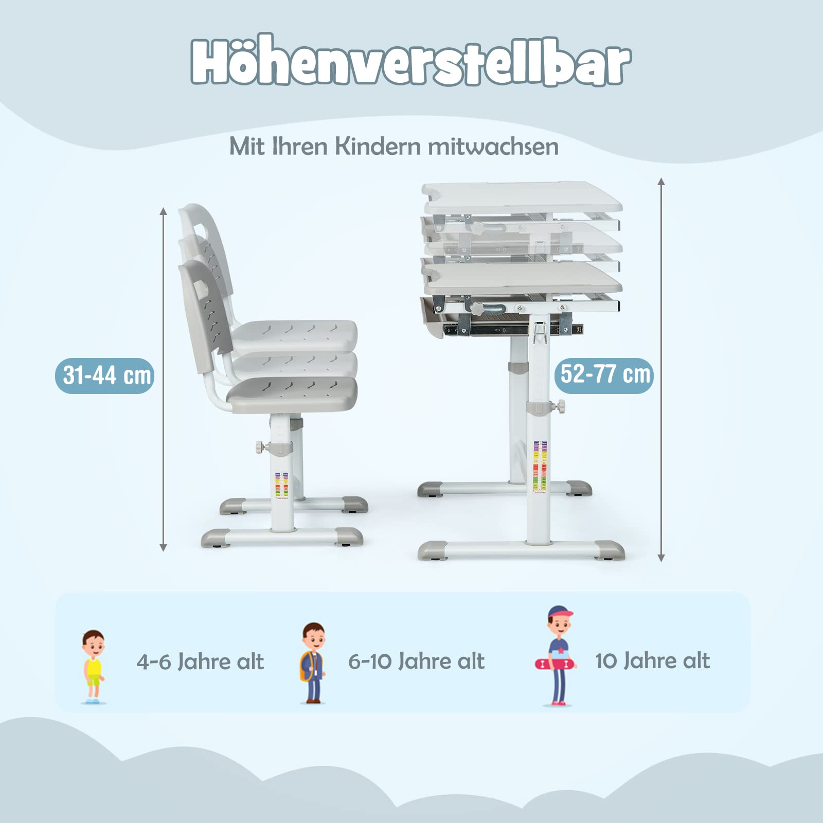 DREAMADE Kinderschreibtisch höhenverstellbar, Schülerschreibtisch Jugendschreibtisch neigungsverstellbar, Schreibtisch Set für Kinder mit Stuhl und Schublade, für Jungs & Mädchen (Grau)