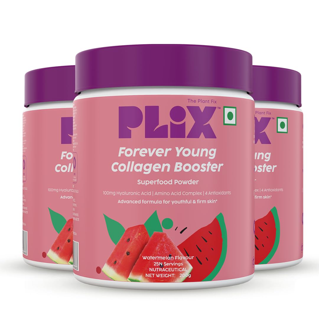 PLIX - THE PLANT FIX Collagen Supplement Powder to support Skin Elasticity,Firmness & Youthful Glow|100% Plant-based with Hyaluronic Acid & Vitamin C|For Unisex|Watermelon Flavour,Pack of 3,930 grams