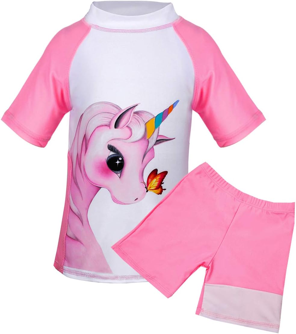 Girls Two Pieces Swimsuits Rash Guard Tankini Kids Swimwear (Pink/Short Sleeve, 3-4 Years)