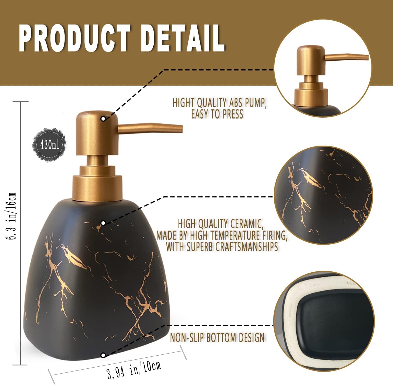 Ceramic Soap Dispenser for Bathroom Black Soap Dispenser for Kitchen Dish Soap Dispenser with Marble Pattern Liquid Hand Soap Dispenser Pump Bottle (Pyramid Black Marble Bottle) - Image 5