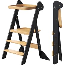 COSYLAND Foldi Foldable Toddler Kitchen Stool - Adjustable Height Toddler Standing Tower with Net & Safety Feet, IF Award-Winning Wooden Learning Step Tower for Kids 18M-6Y, Black & Natural | Adjustable Height Standing with Net & Safety Feet,IF Award-Winning Wooden Learning Tower for Kids 18M-6Y,Black & Natural