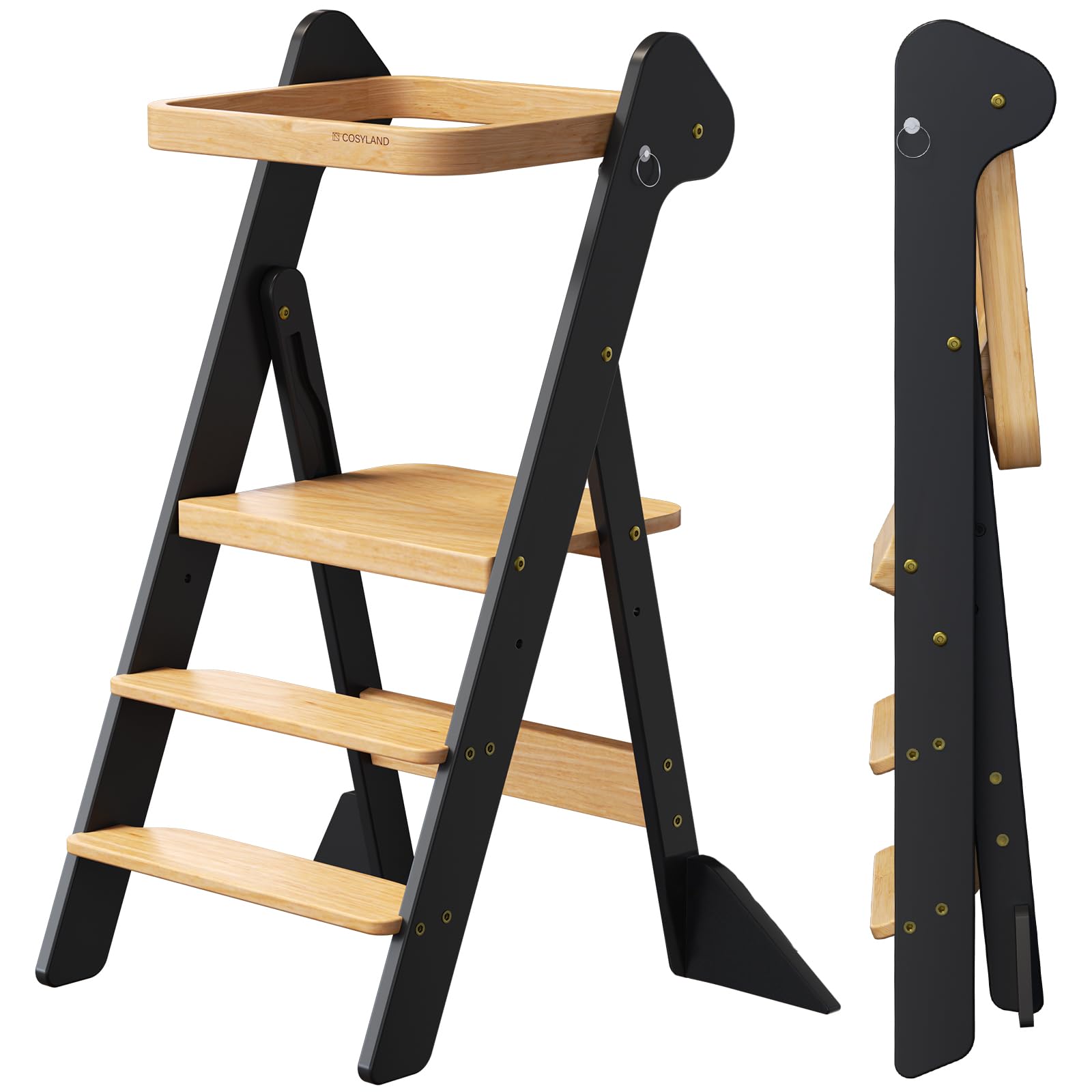 COSYLAND Foldable Toddler Step Stool for Kitchen - IF Design Awarded Space Saving Toddler Standing Tower with Protective Net - Height Adjustable Kids Kitchen Stool Helper (Black & Natural)
