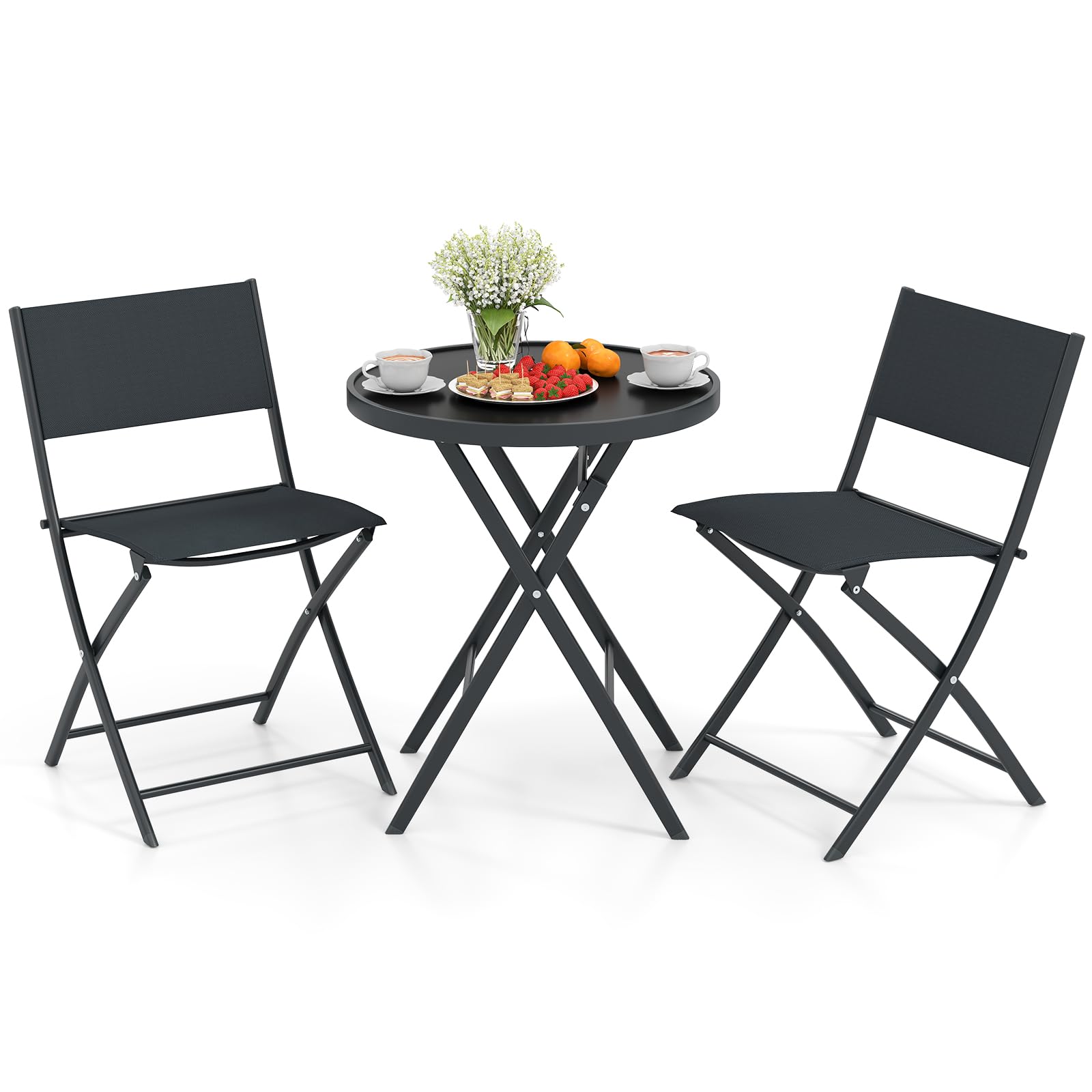 GIANTEX Ensemble Salon de Jardin 3 Pièces Table Ronde Pliante Verre Trempé 2 Chaise Pliantes Tissu Respirant Noir
