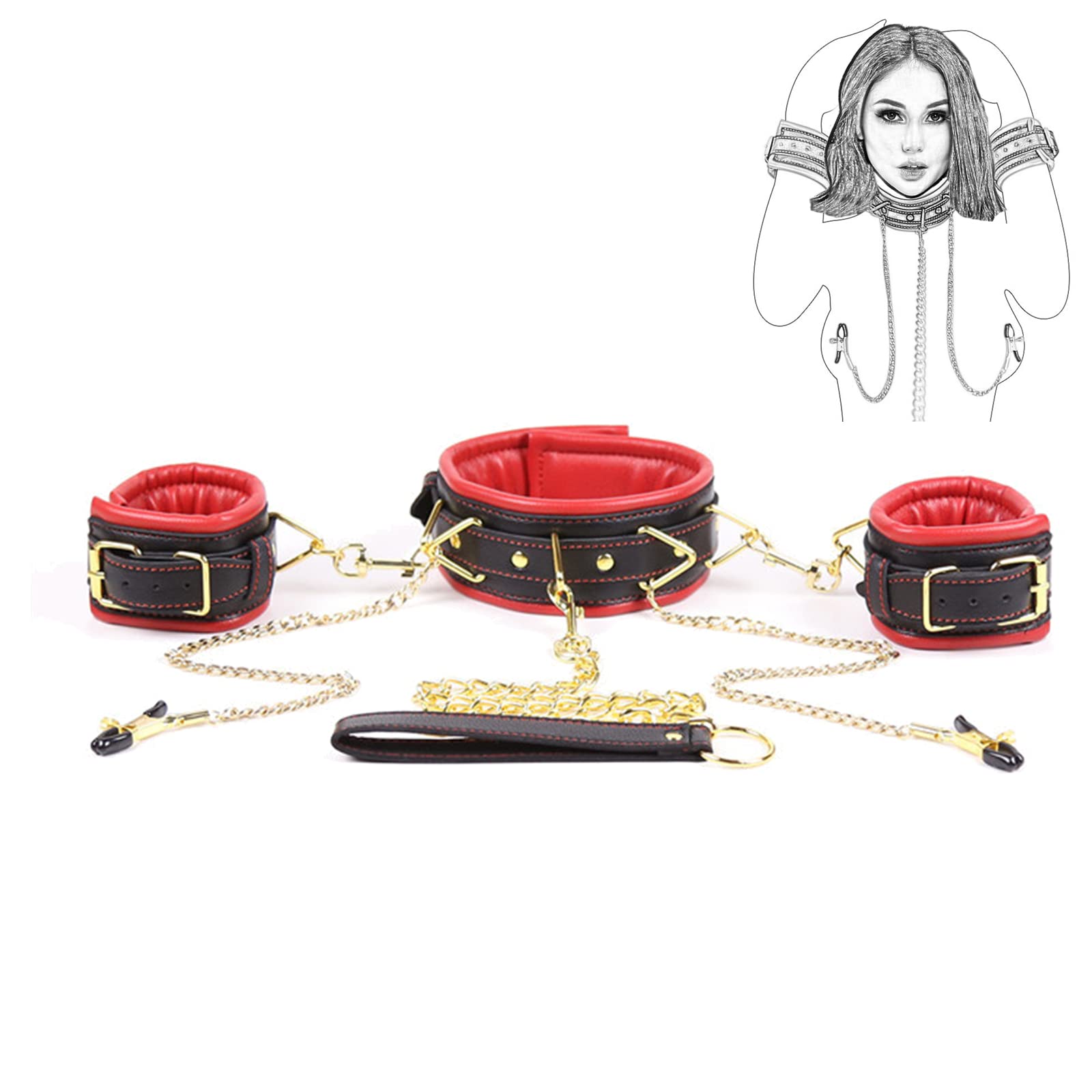 Collier De Menottes, Pinces À Tétons, Ensemble De Bondage Avec Chaînes De Laisse SM, Menottes En Cuir Éponge, Menottes, Contraintes De Lit, Collier De Retenue Du Cou, Esclave, Flirt, Jouets
