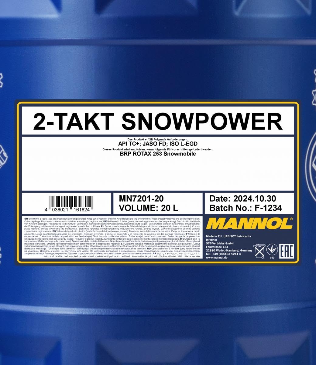 MANNOL 7201 Snowpower 2-Takt-Öl Schneemobil, synthetisch, bis -30°C, 20L | Synthetiköl mit JASO FD, API TC+, ISO L-EGD für BRP Rotax, Polaris, Yamaha, schützt vor Ablagerungen und Korrosion