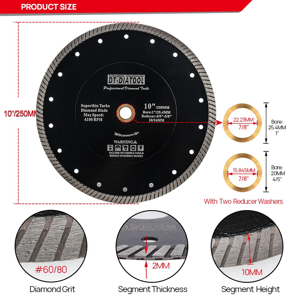 DT-DIATOOL Brzeszczot diamentowy, 250 mm, super cienka tarcza do cięcia płytek z segmentami turbo do ceramiki, granitu, marmuru, kamienia sztucznego