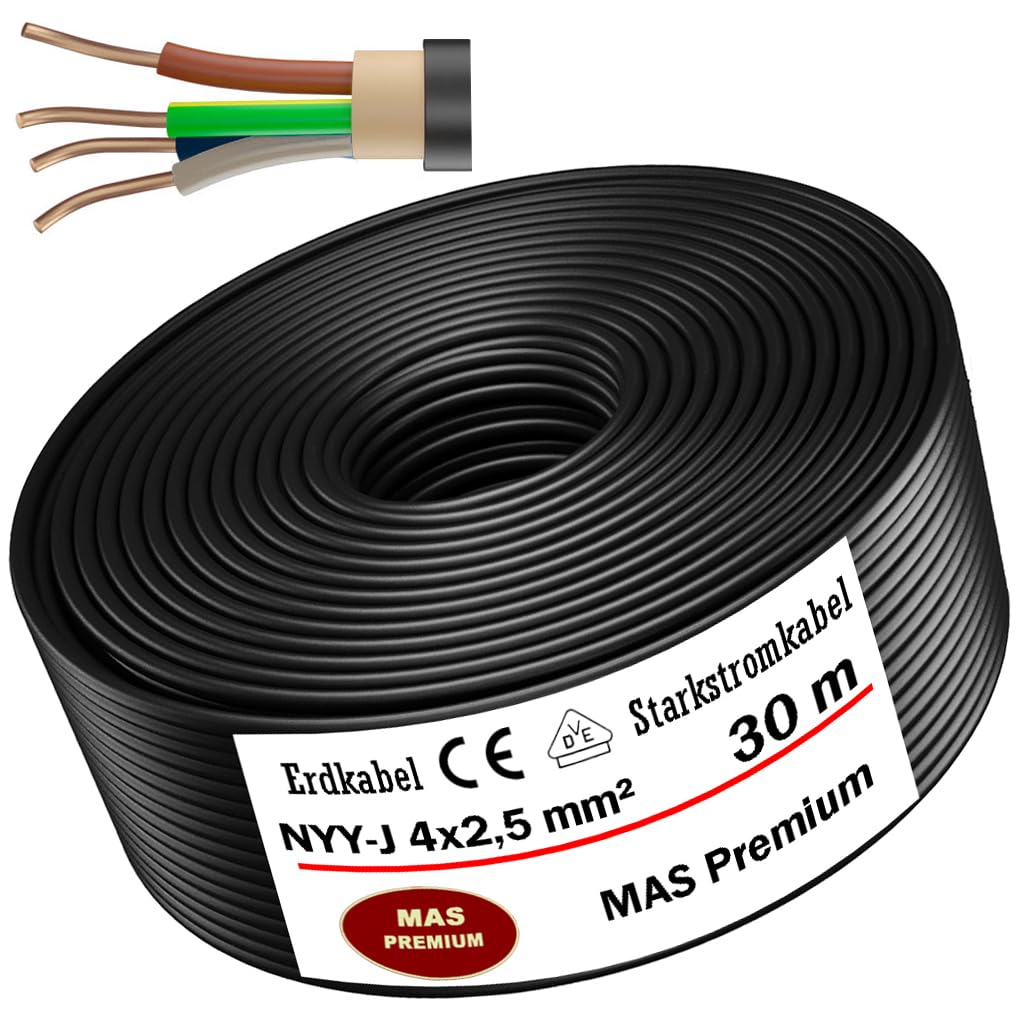 Kabel ziemny kabel zasilający 5, 10, 15, 20, 25, 30, 35, 40, 50, 75, 80 lub 100 m NYY-J 4 x 2,5 mm² kabel elektryczny pierścień do układania na wolnym powietrzu, w ziemi, w ziemi (30 m)