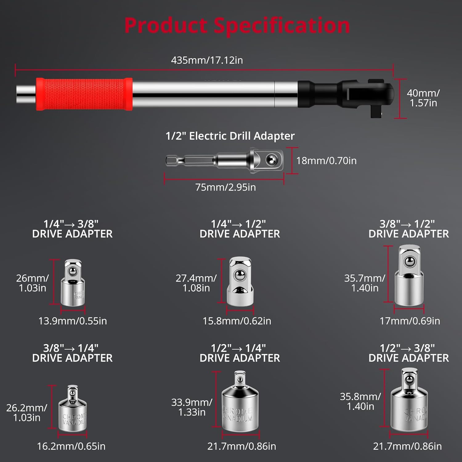 1/2" Offset Extension Wrench with 1/2" 1/4" 3/8" 6 Drivers Adapters High-Strength Alloy Steel Offset Extension Ratchet for Tight Spaces Ratchet Extender for Automobile Mechanic