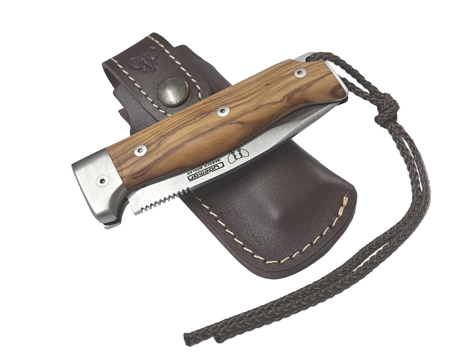 Navaja CUDEMAN MT-4 Plegable Hoja 10 cm. Acero Bohler N690CO Olivo Satinado, Caza 384-LF con Funda de Cuero + Tarjeta Multiusos de Regalo
