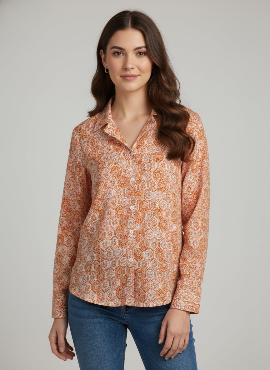ANNI Designer Bedrucktes Damenhemd aus Baumwollmischgewebe, langärmelig, normale Passform, Hemdkragen, legere Bürokleidung, elegante Western-Kleidung für den Alltag, Hochzeit, Party