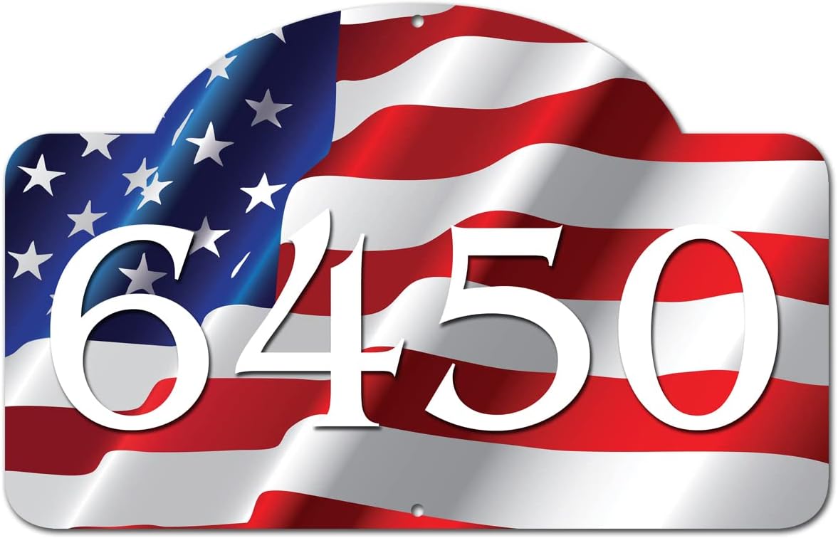 VWAQ Personalized American Flag Address Sign House Numbers Aluminum Plaque - Single Sided and Reflective Pre-Drilled Holes - AS4S2 Vertical (White)