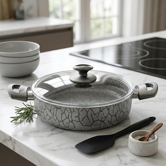 Papilla 24 cm Karnıyarık Tenceresi - İç ve Dış Karemel ve Gümüş Renk Magma Desenli Cam Kapaklı Sığ Tencere (GÜMÜŞ)