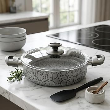 Papilla 24 cm Karnıyarık Tenceresi - İç ve Dış Karemel ve Gümüş Renk Magma Desenli Cam Kapaklı Sığ Tencere (GÜMÜŞ)