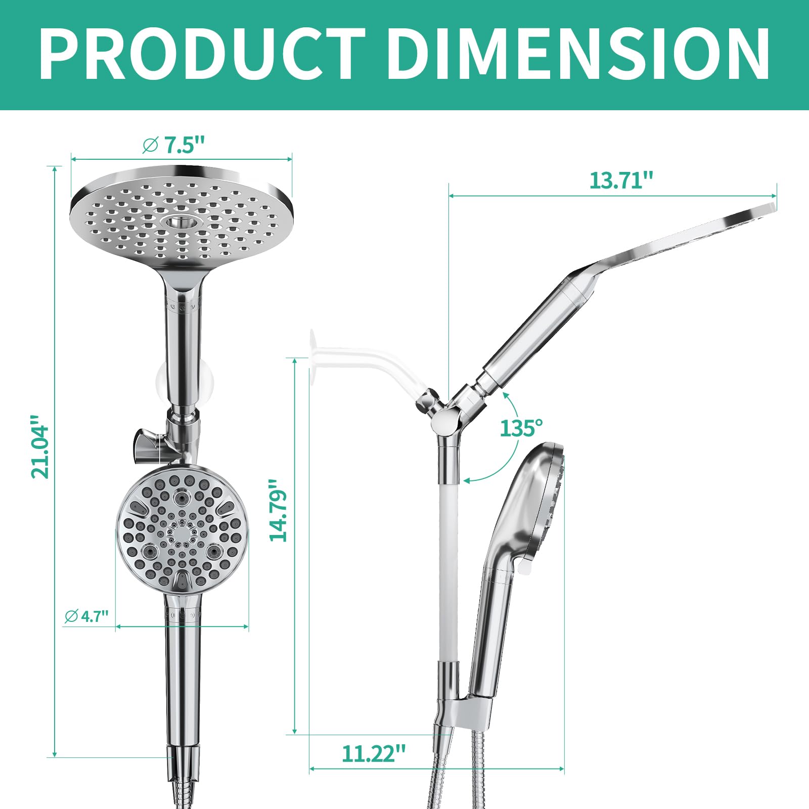 Soffione Doccia A Pioggia Filtrato 25,4 Cm Con Doccetta Portatile E Filtro Anticalcare - Kit Doccia 2 In 1 Con Tubo Lungo E Staffa Regolabile - 3
