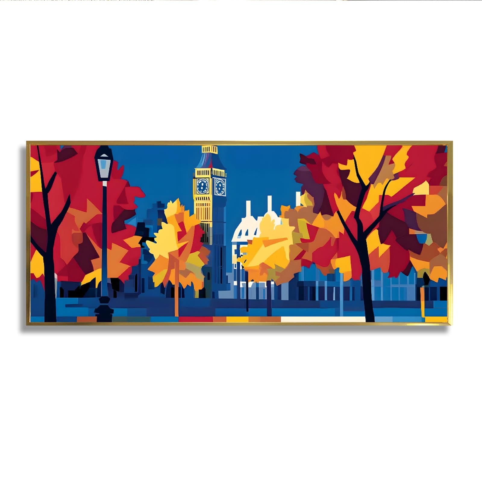 Via Vela Impression sur toile de style abstrait automne Bâtiments urbains colorés Big Ben Paysage Affiche Photo Peinture Oeuvre Art Mural pour Salon décor Intérieure 40x101cm Avec-Cadre Doré