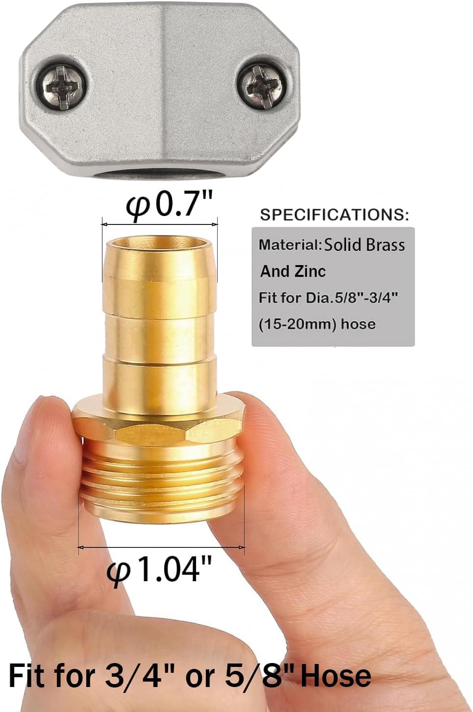 Diagram showing dimensions of the brass hose connector and its compatibility with 5/8 inch to 3/4 inch hoses.