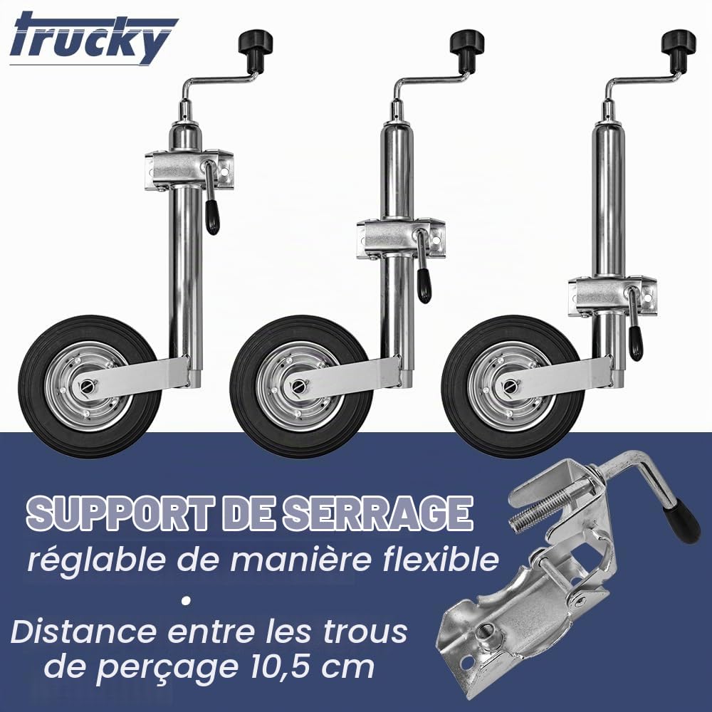 Trucky Roue Jockey pour remorques et caravanes avec Support de Serrage, diamètre 48 mm
