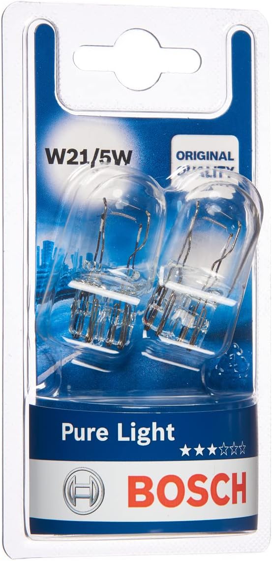 Bosch W21/5W (580) Pure Light Halogen Headlight Bulbs, 12 V 21/5 W, Original Quality - Socket Type W3x16q - Pack of 2 Replacement Car Light Bulbs
