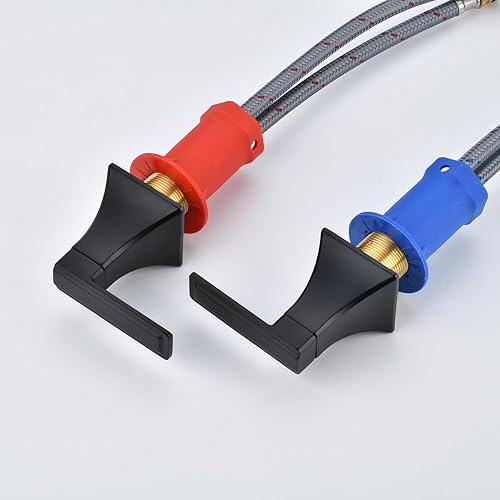 Miniatura 6 de NEWRAIN - Grifo de baño negro, grifos de tocador para fregadero de 3 agujeros, grifo de baño de 8 pulgadas con montaje de drenaje emergente, grifo