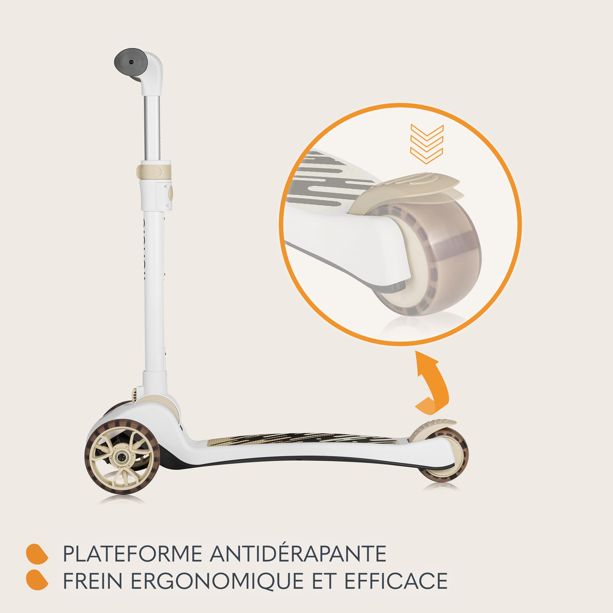 LIONELO Franky 2en1 Trottinette d'équilibre pour Enfants de 3 Ans à 50 kg Patinette de 1 an à 20 kg Roues LED Réglable en Hauteur, Plateforme Antidérapante, Panier (Beige)