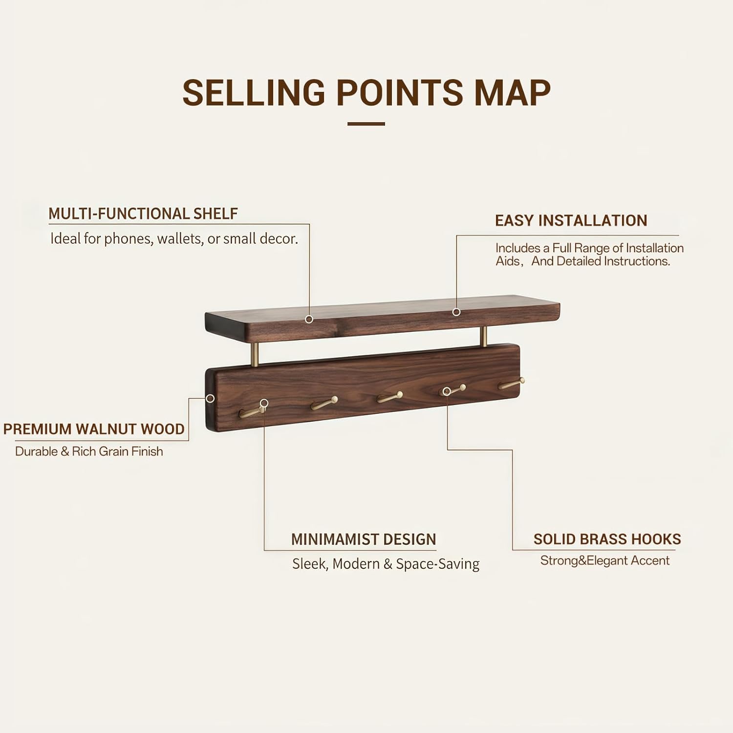 Wall Mounted Coat Rack with Shelf, Wooden Entryway Organizer with 4 Hooks, Wall Shelf with Hooks for Hallway, Bedroom, Bathroom (Walnut, 11.81inch/4 Hooks)