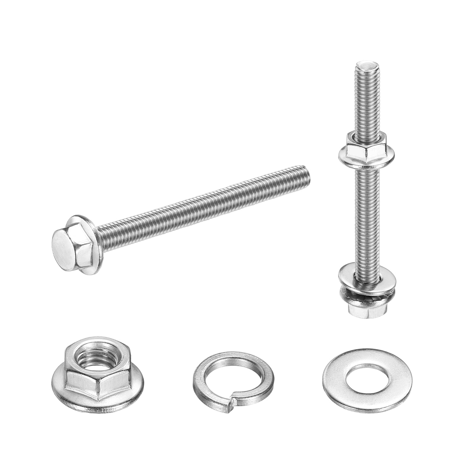 sourcing map M5 x 50mm Phillips Flanged Hex Head Bolts, 10Pcs 304 Stainless Steel Flange Hexagon Screws with Nuts, Flat & Lock Washers, Fully Threaded, for Machinery Industry Home, Silver
