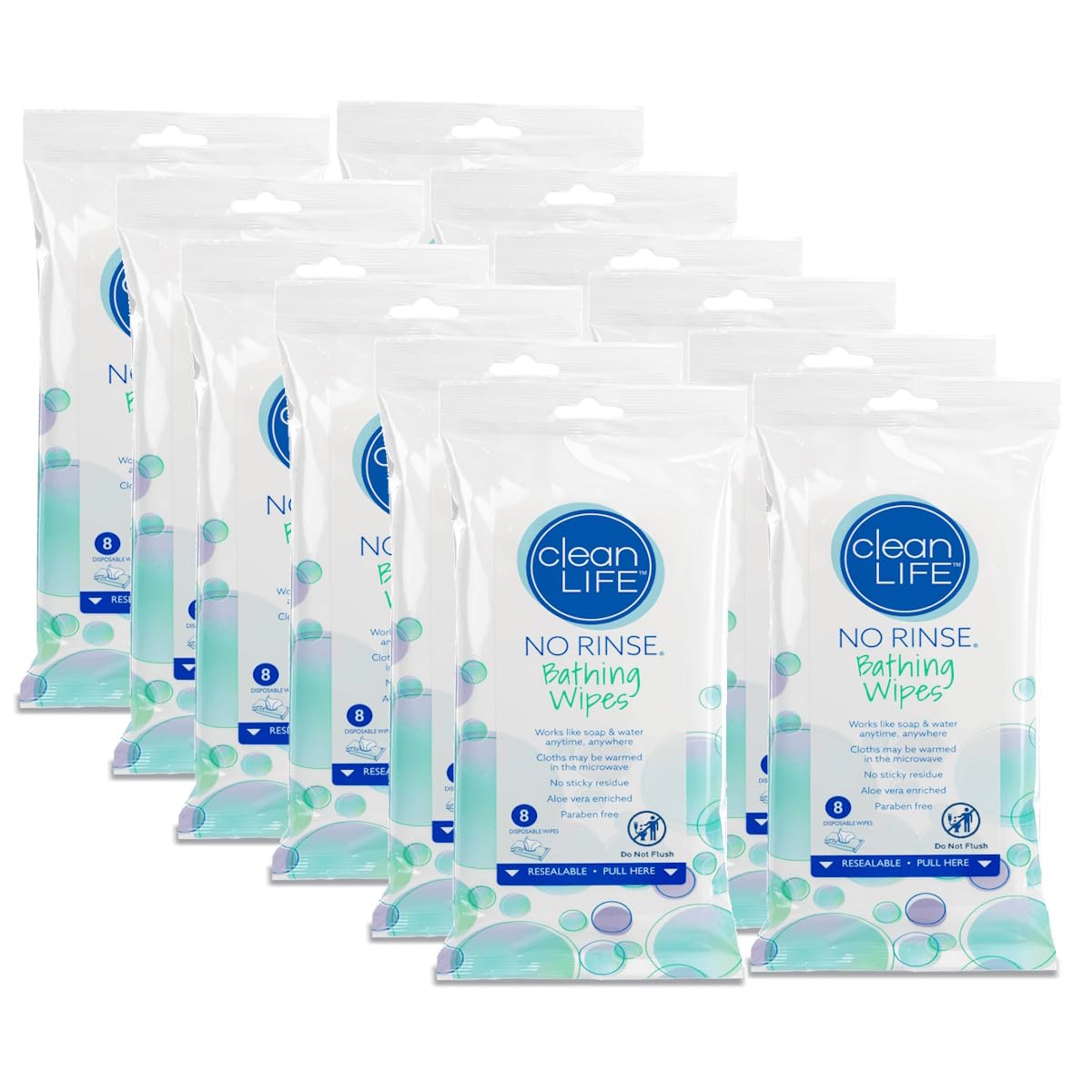 No Rinse Bathing Wipes by Cleanlife Products (12 Pack), Premoistened and Aloe Vera Enriched for Maximum Cleansing and Deodorizing - Microwaveable, Hypoallergenic and Latex-Free (8 Wipes)