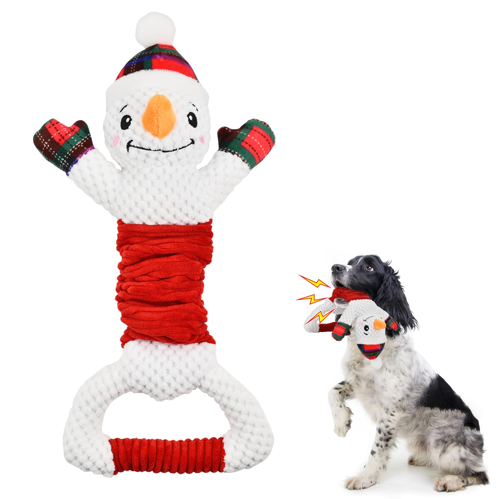 CooShouDog Christmas Snowman Squeak Toy Big Dog Xmas Plush Toy with Crinkle Paper Pull Interactive Squeaky Entertainment Toy for Puppy Big Dog