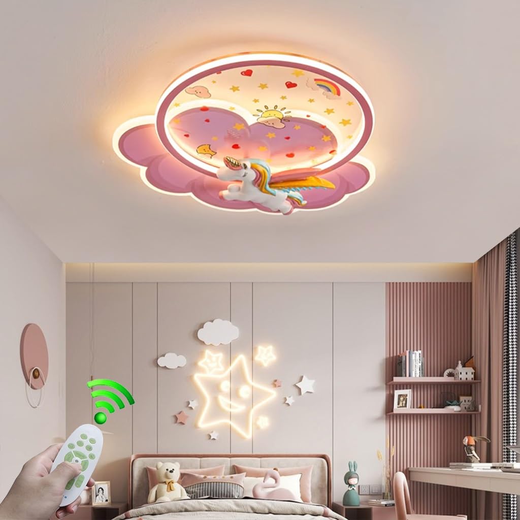 RuiRfh Pink ceiling lamp with remote control modern dimmable LED children's room ceiling Light creative cloud unicorn decoration ceiling lighting suitable for kitchen bedroom girl room lamp(Unicorn)