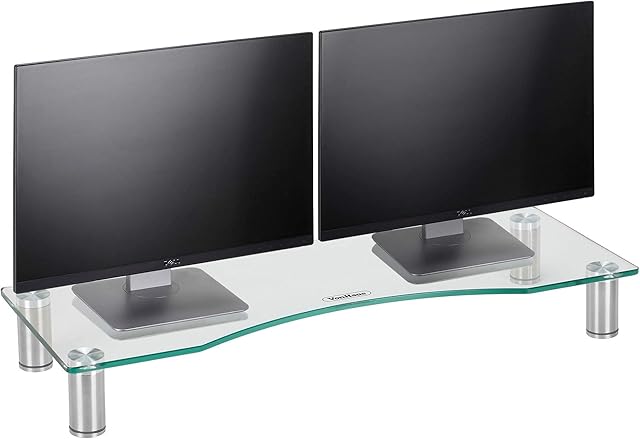 VonHaus - Large Monitor Stand Riser for Desks - Computer Monitor Riser - Height Adjustable 30Kg Capacity - Screen Riser for Computers, Laptops & TVs - Clear Curved Glass With Aluminium Legs- 70 x 24cm