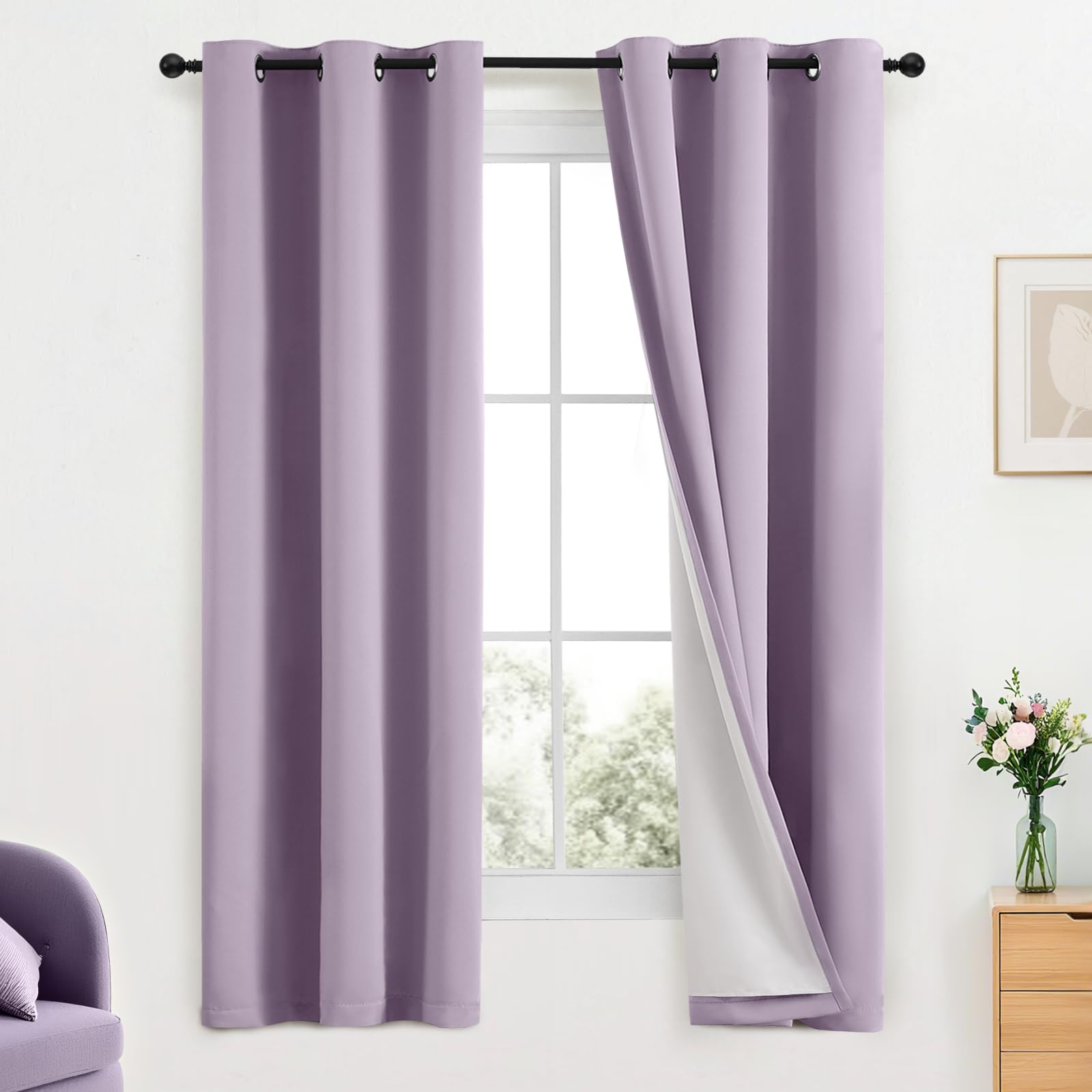 Yakamok Lilac 100% Blackout Curtains 63 Inches Long with 2 Thick Layers-Light Purple Room Darkening Thermal Insulated Window Curtain Set of 2 Panels for Bedroom Living Room 38x63 Inches,Lavender