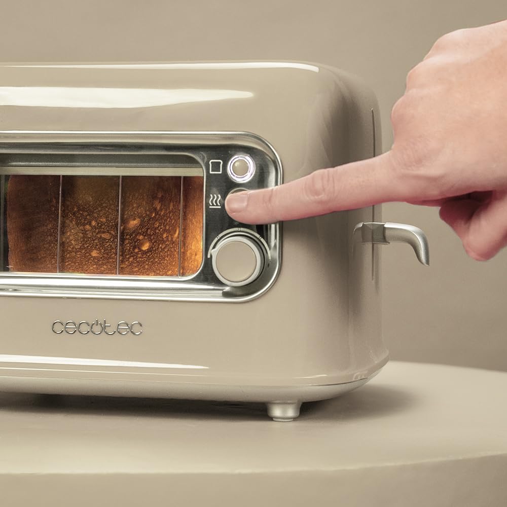 Cecotec Tostadora Vertical con 2 Ranuras Anchas y Ventana Control RetroVision Beige. 700W, Diseño Retro, Cubierta Antipolvo, Apagado y Pop-up Automático, 5 Niveles de Potencia, Beige