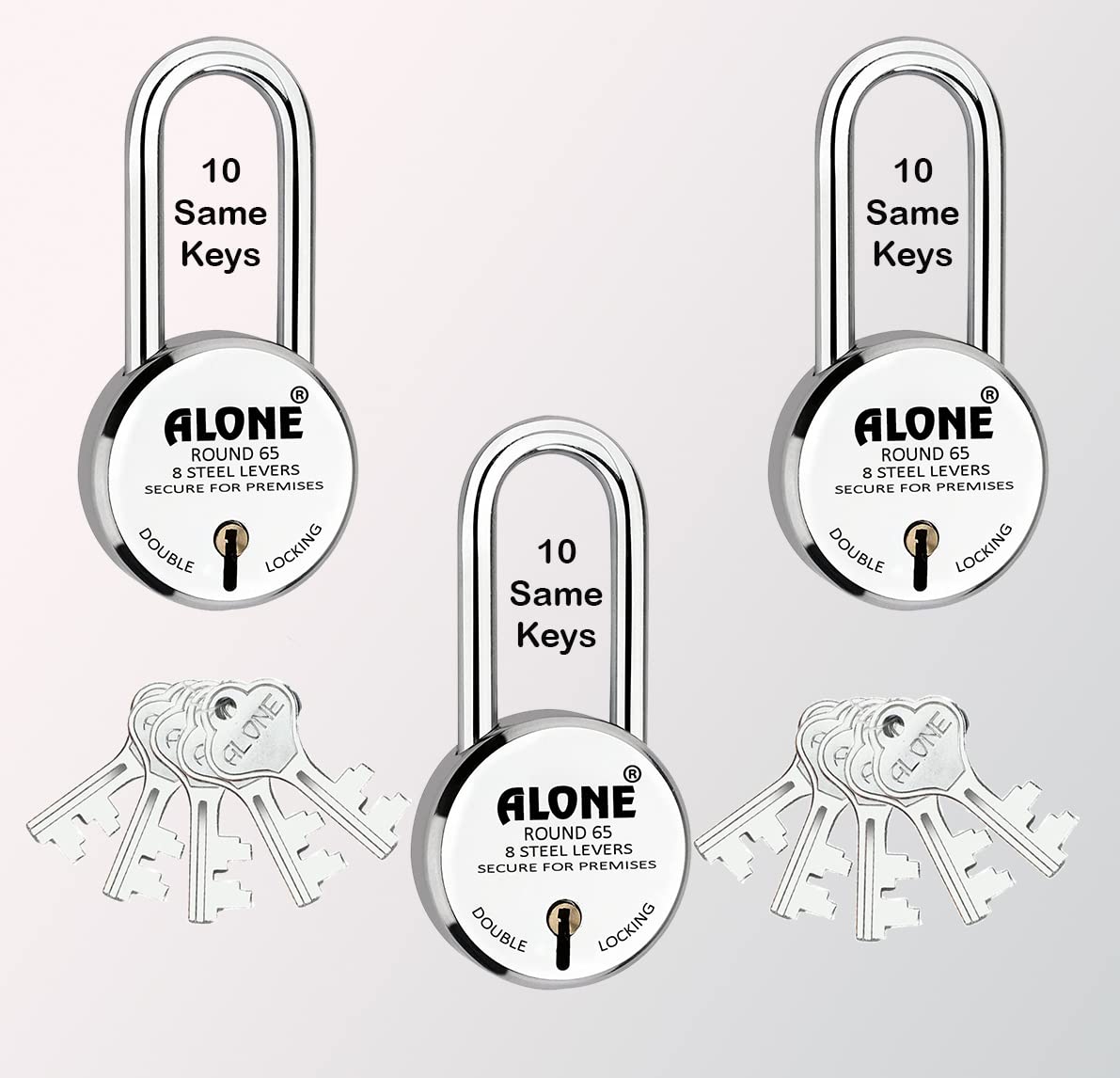Alone Padlock 65mm 3 Padlocks 10 Common Keys Long Shackle Double Locking | Locks for Home Door Main gate Shop Shutter, Chrome Finish Rust Proof. (Pack of 3)-image-24