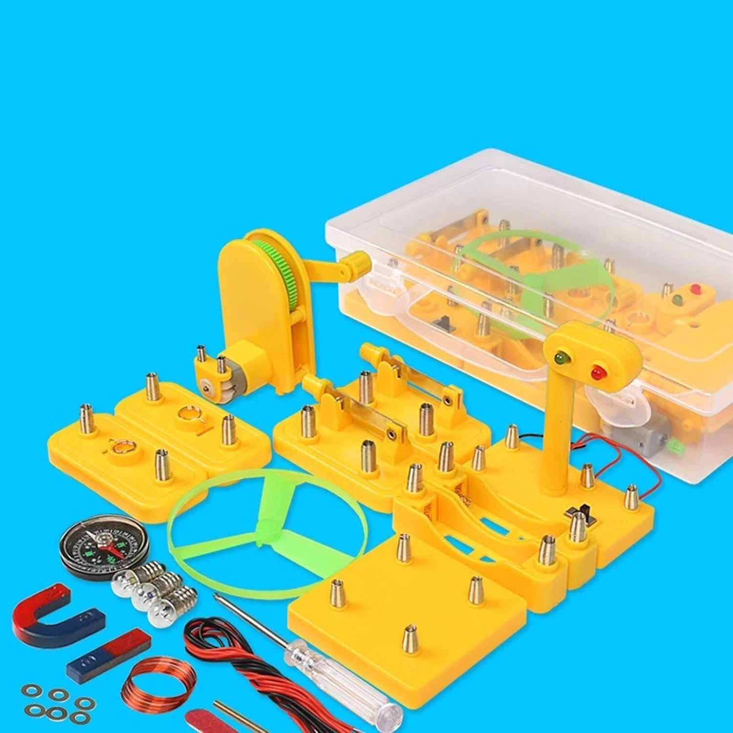 Kit for esplorazione di circuiti ed elettromagnetismo, Scatola for esperimenti di Fisica Multifunzionale con generatore a manovella, magneti, semaforo e Accessori paralleli in Serie