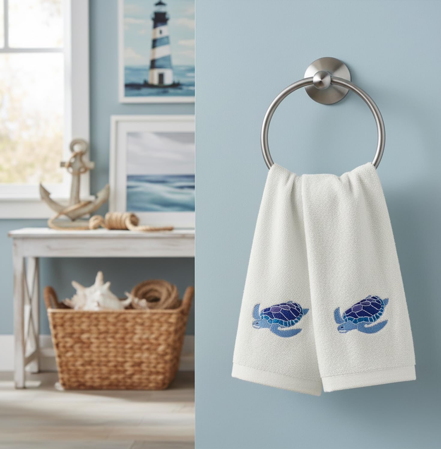 Serafina Home Sea Turtle Fingertip Towels Summer Soft Absorbent Bathroom Guest Decor : Aqua Blue Turquoise Royal Blue Embroidery Design, 2 Piece 12" x 18" Inches - Image 2