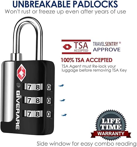 Miniatura 5 de Paquete de 2 cerraduras de equipaje de viaje aprobadas por la TSA, cerradura de combinación de metal para maleta, candados de aleación sin llave con