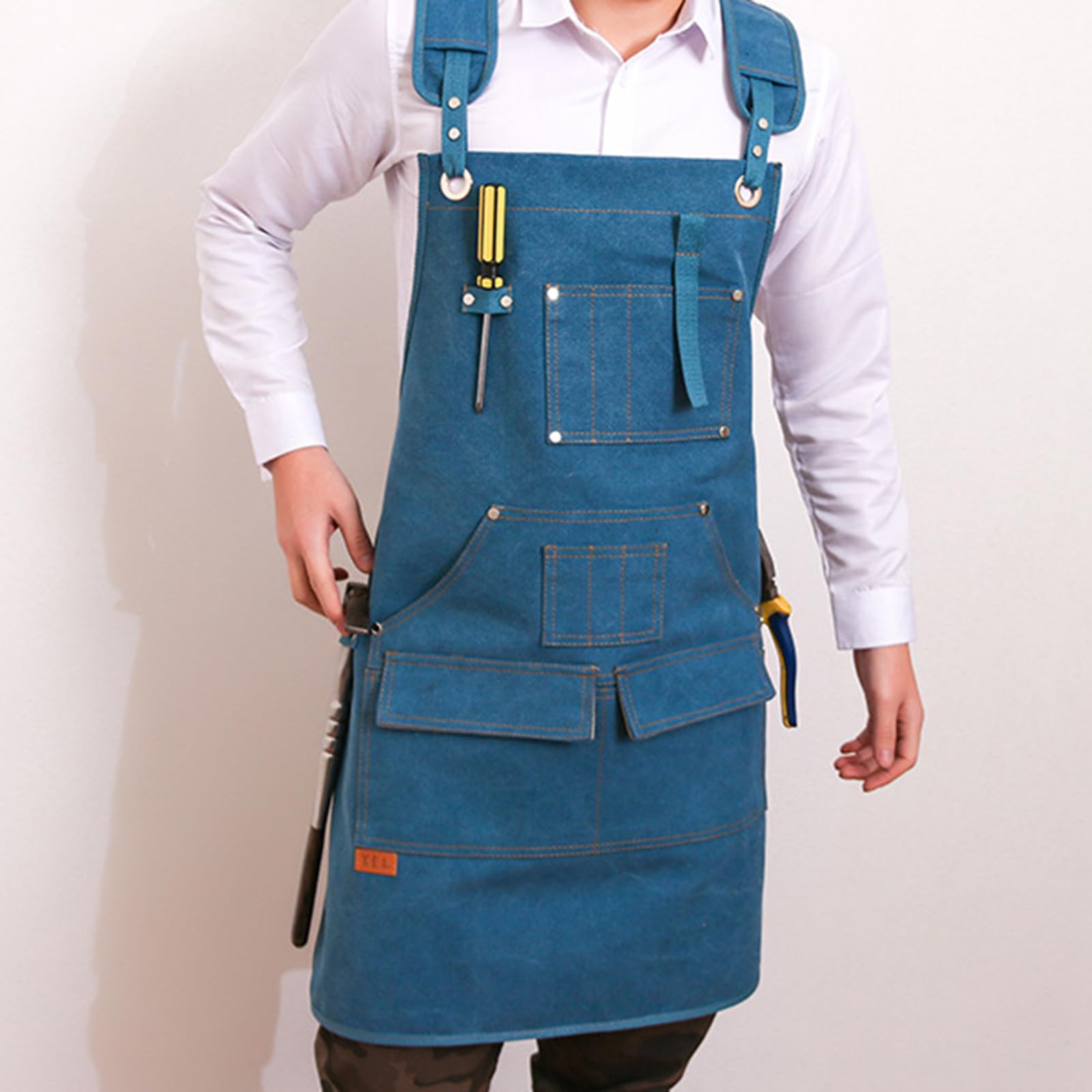 Delantal, Delantal de Lona con Bolsillos, Delantal Chef Espalda Cruzada for Hombre, Mujer, Camarero, Carpintero, jardinería, Amarillo(Blue)