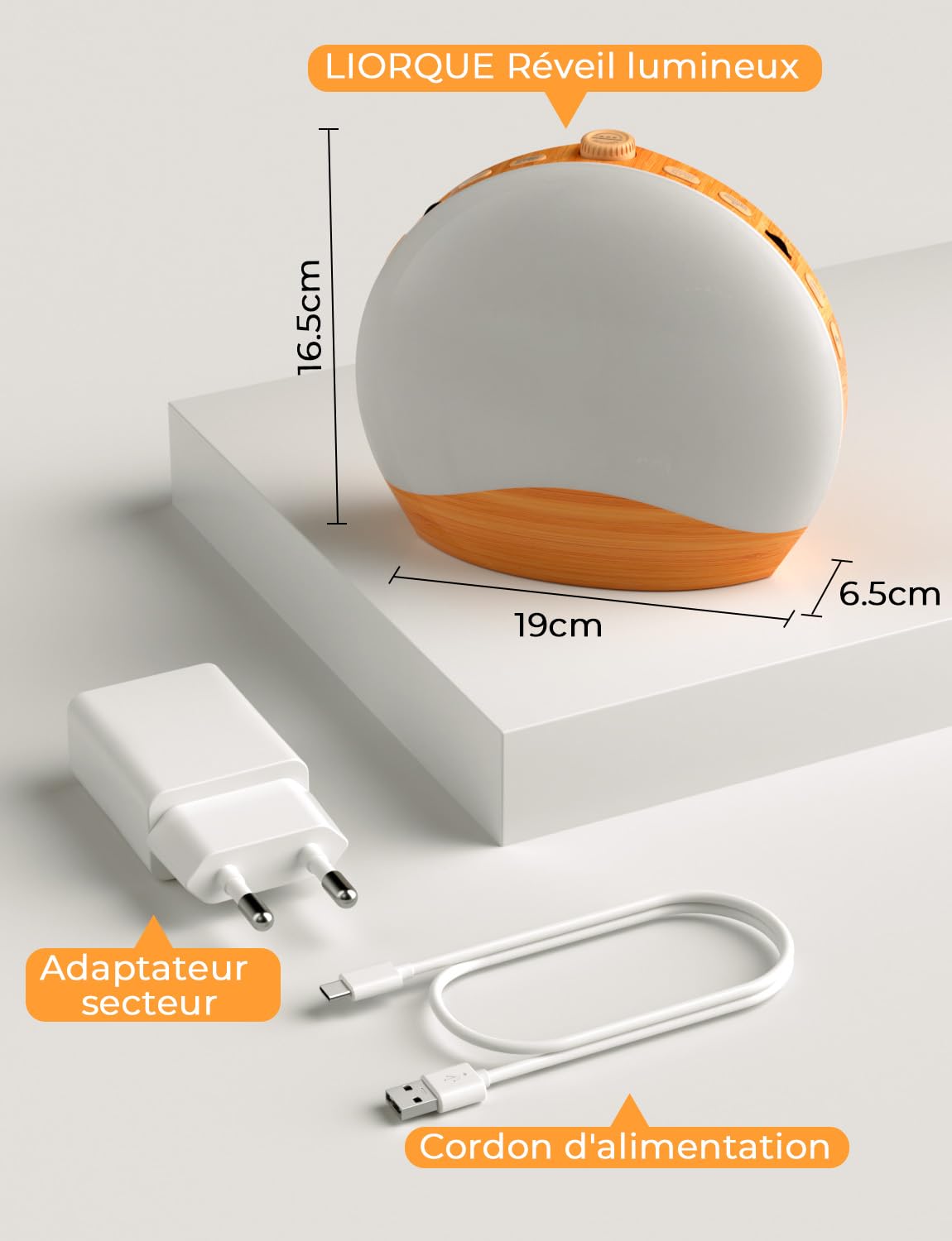 LIORQUE Radio Réveil Lumineux avec Eveil Lumière, Reveil Simulateur d'Aube sur Lampe de Chevet LED, Fonction Bluetooth, 20 Niveaux de Luminosité, 22 Sons, 2 Alarmes, Mode Week-End