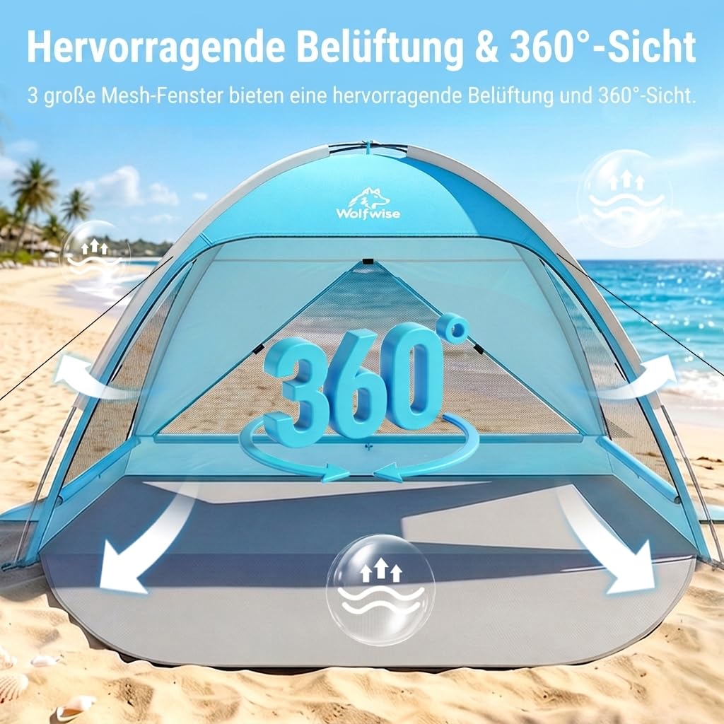 Wolfwise Strandmuschel UV Schutz, 3 Belüftungsfenster & Tragetasche, Strand Zelt mit erweiterbarem Boden für Privatsphäre, 3 Personen, 220x150x122cm(87 ''x59''x48''), Blau