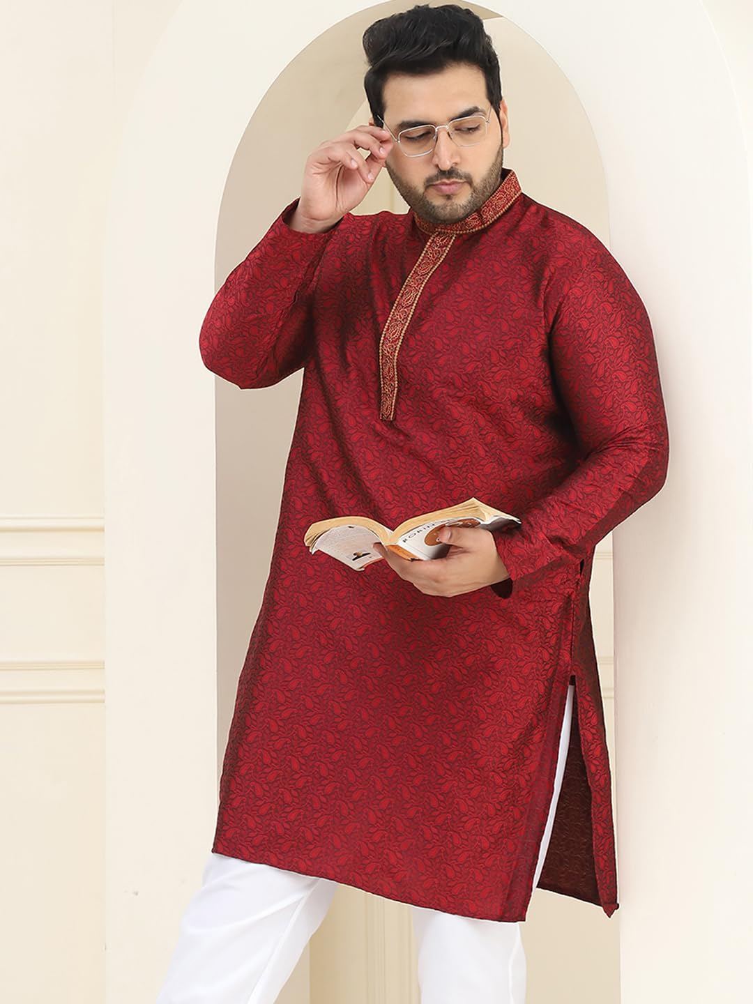 Sojanya Plus (Since 1958) Men's Silk Blend Maroon Self Design Only Kurta