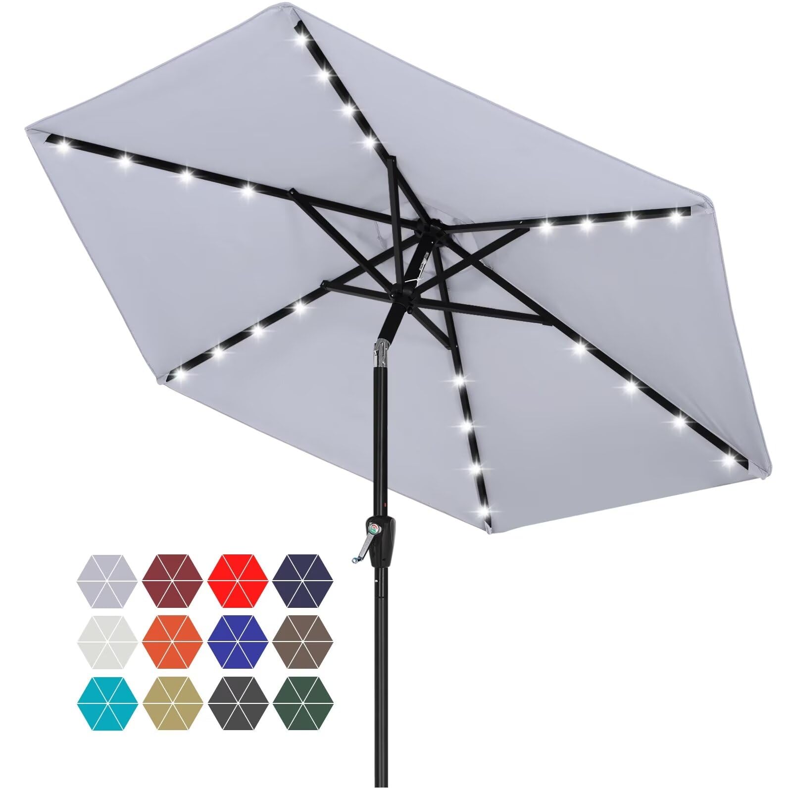 ABCCANOPY Durable Solar Led Patio Umbrellas with 24LED Lights 7.5FT with 6 Sturdy Ribs (Fog Gray)