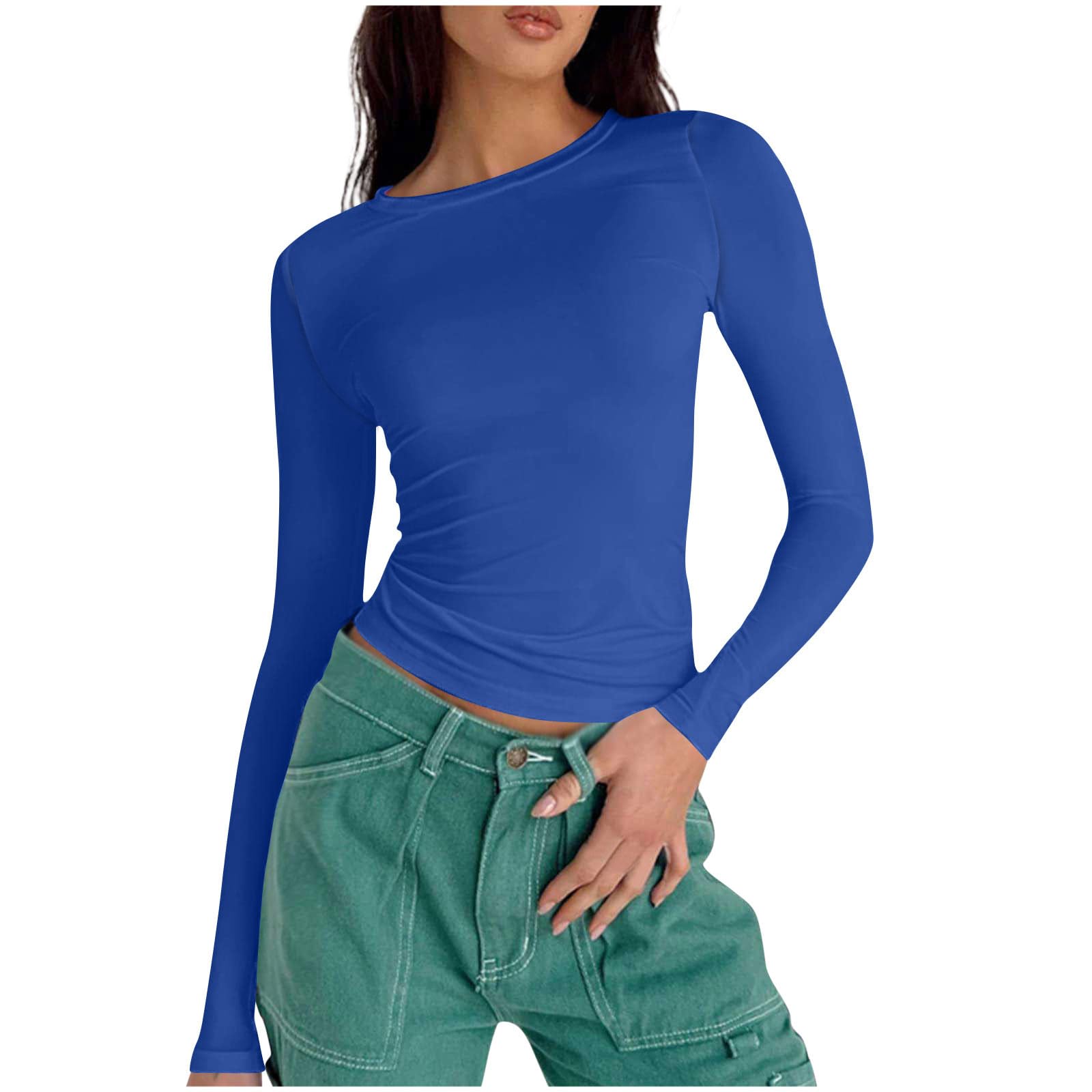 Maglietta a maniche lunghe da donna, crop top bianco, a maniche lunghe, top aderente, senza pancia, scollo rotondo, a maniche lunghe, elegante, stile classico, tinta unita