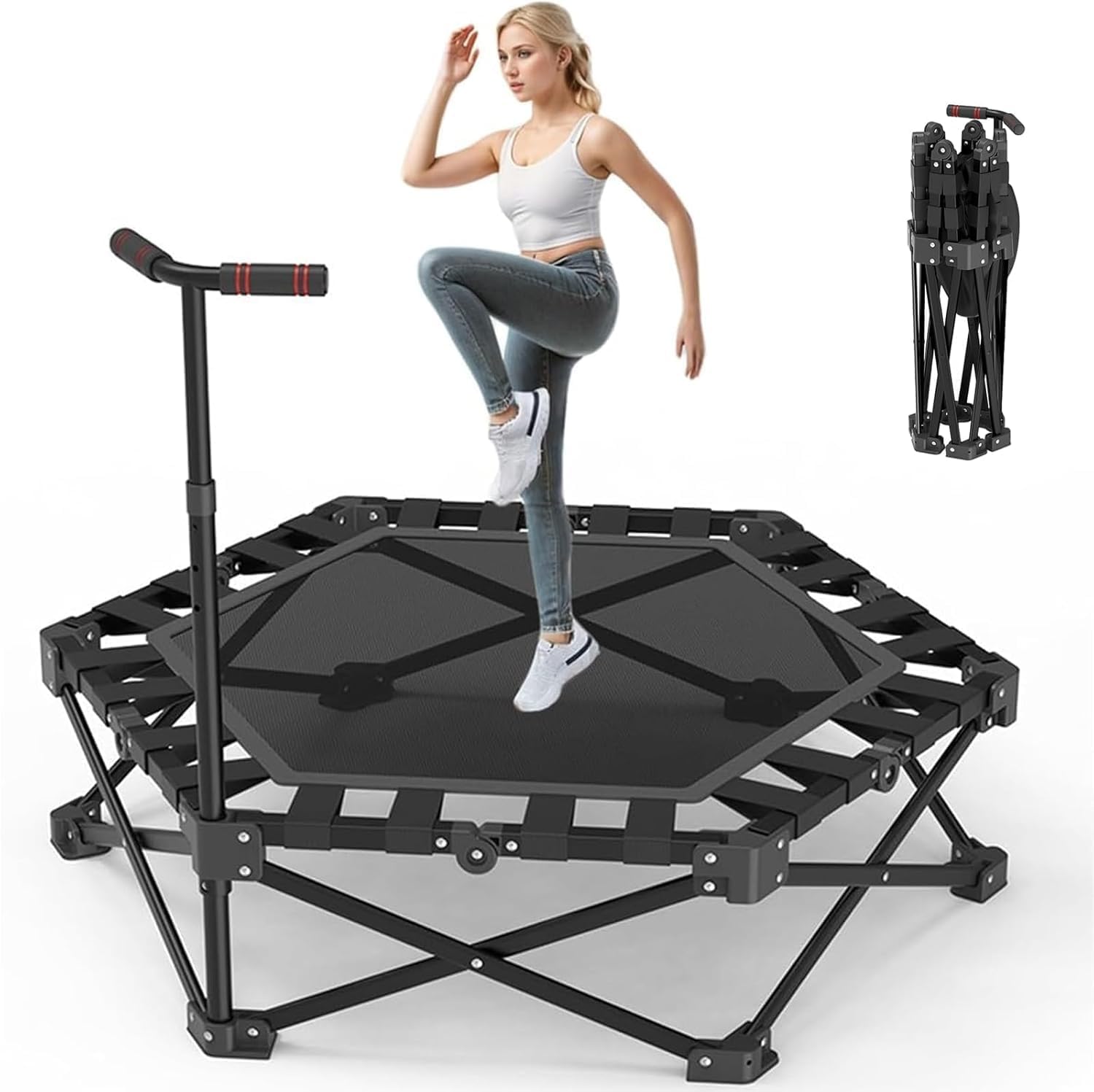 Fitness Trampolin in Studioqualität,Ø106cm Mini Indoor Trampolin für Cross Jumping bis 200kg belastbar,höhenverstellbarer Handgriff,Stabil & leise