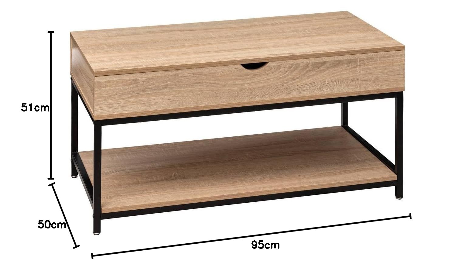 5five Aliaj Couchtisch mit Hubfunktion 95x50x51 cm Eichenoptik schwarzes Metall Schublade Stauraum
