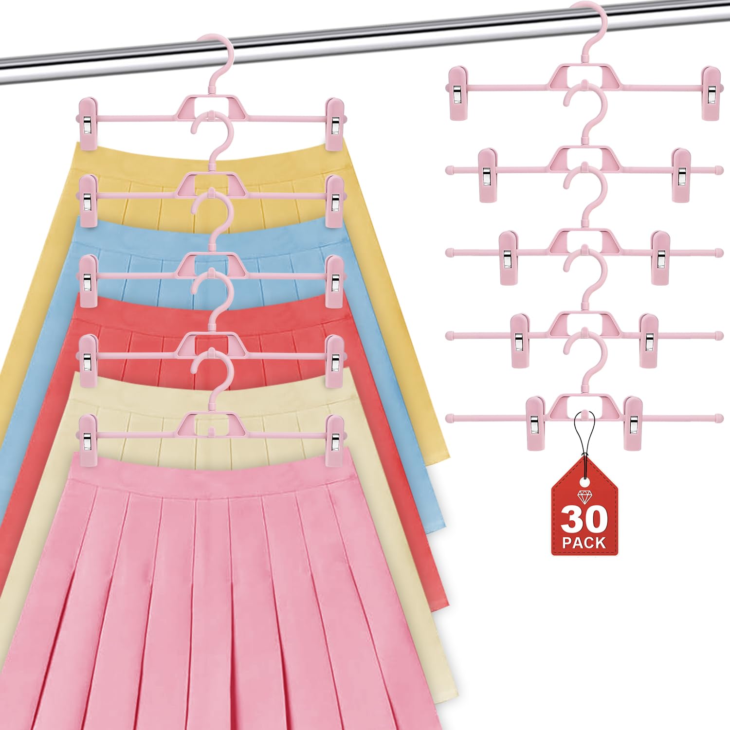 Confezione da 30 grucce in plastica per pantaloni POZEAN con clip antiscivolo impilabile per gonne, pantaloncini, jeans, vestiti per bambini, cappotti, salvaspazio, sottili e multiuso (rosa)