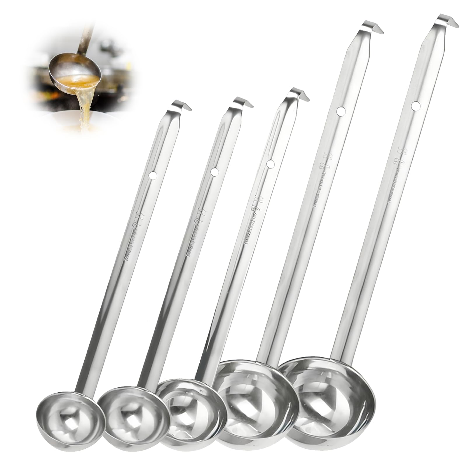 Stainless Steel Hooked Handle Ladle Set - 5 Pcs with Pouring Rim, Soup Ladle Stainless Steel, (1oz, 2oz, 3oz, 4oz, 5oz) with Hook & Long Handle for Cooking Kitchen Soup Sauce