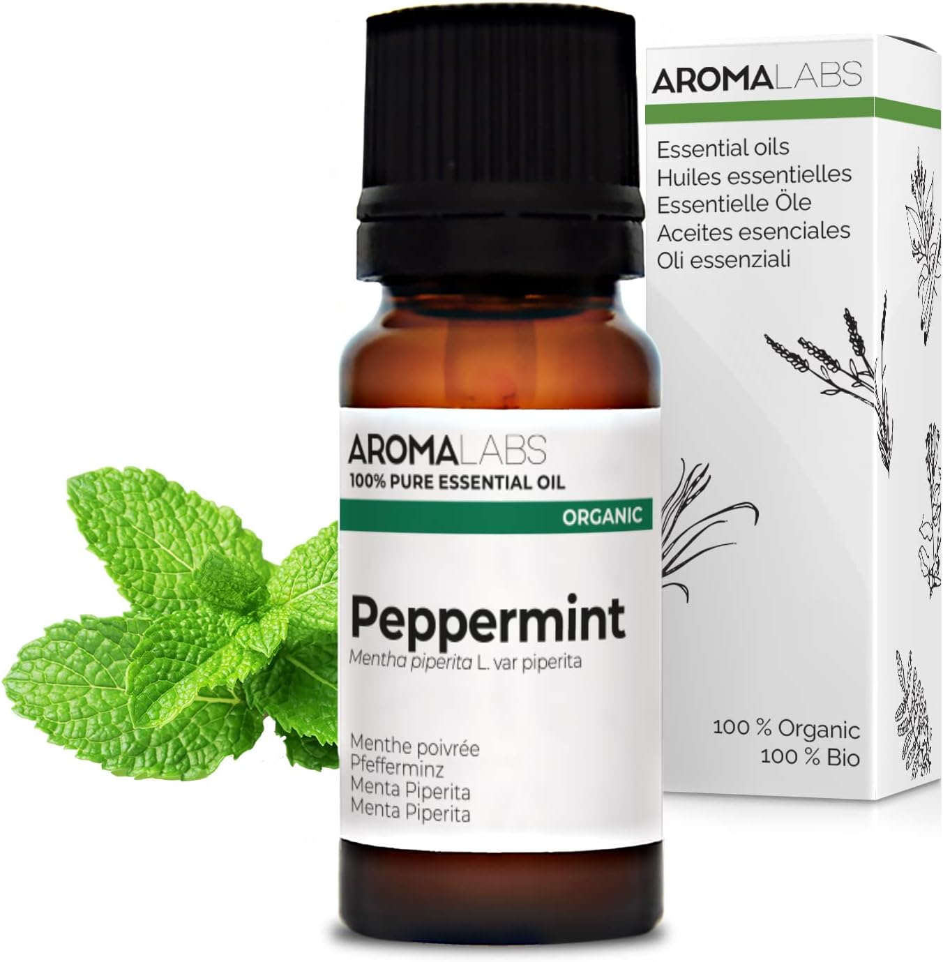 Organic Peppermint Essential Oil - 10ml - 100% Pure, Ecocert Certified Organic - Best Therapeutic Grade Essential Oil - Aroma Labs, Neutral
