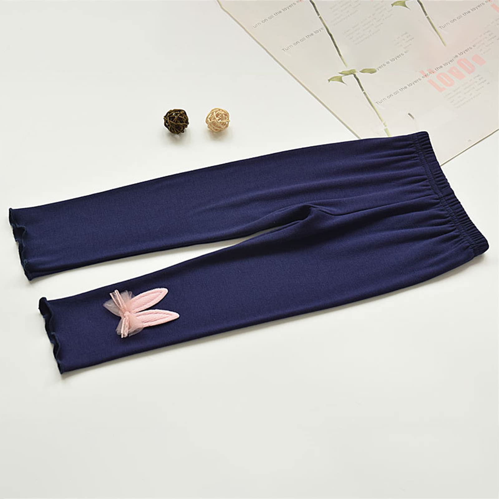 Girls' Pull-on Leggings Toddler Cute Soft Comfy Long Pants Kids Elastic Waist Stretchy Solid Color (Navy, 6-7 Years)