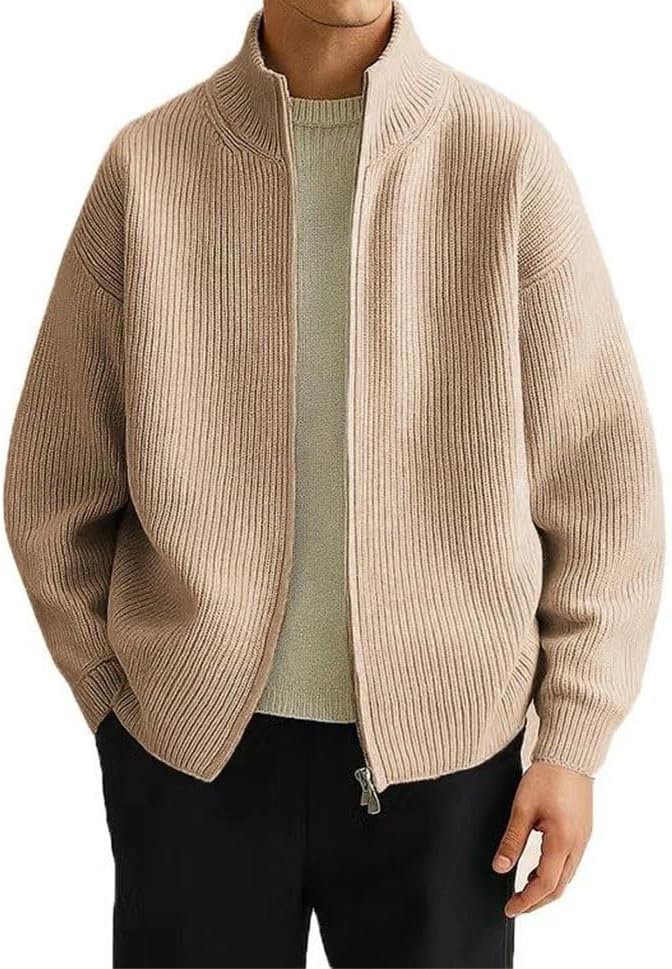 Rfmfkkg Mens Full Zip Cardigan Sweater Casual Mock Neck Ribbed Knitted Chunky Warm Outerwear
